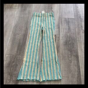 NWT Free People Fine Line turquoise green yellow striped resort pants XS 24” 28”